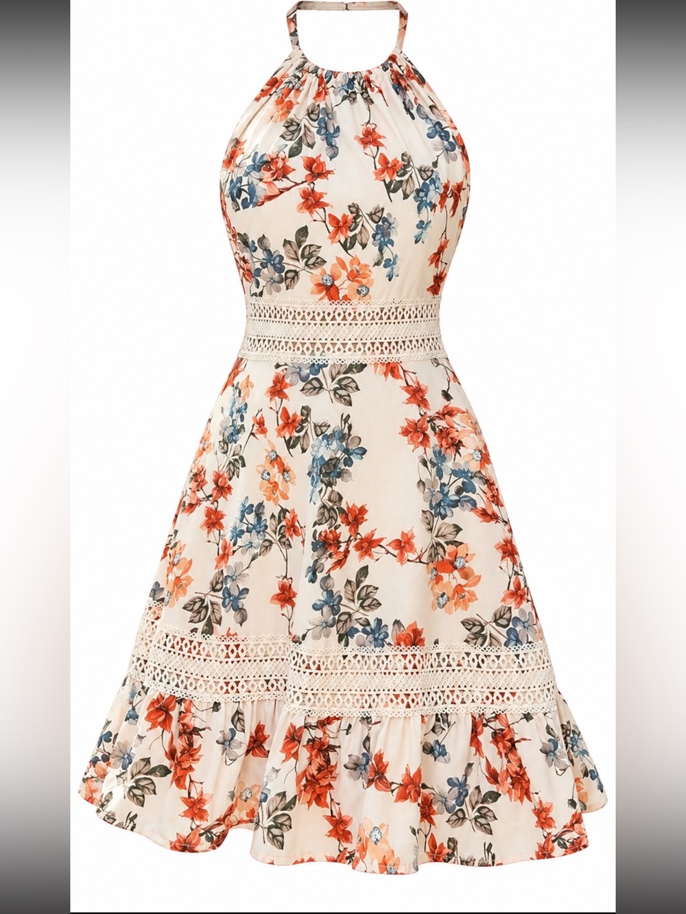 SHEIN Cream Halter Mini Dress with Orange & Blue Floral Print